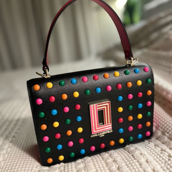 NWT KARL LAGERFELD Black Candy Dot Studded Leather Simoné Flat Crossbody Bag - Picture 2 of 9